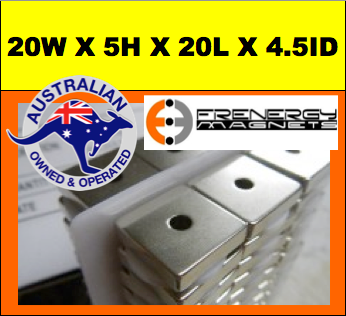 Neodymium Block Magnet 20x20x5mm with Hole 4.5mm N38M | High Temperature ≤100ºC