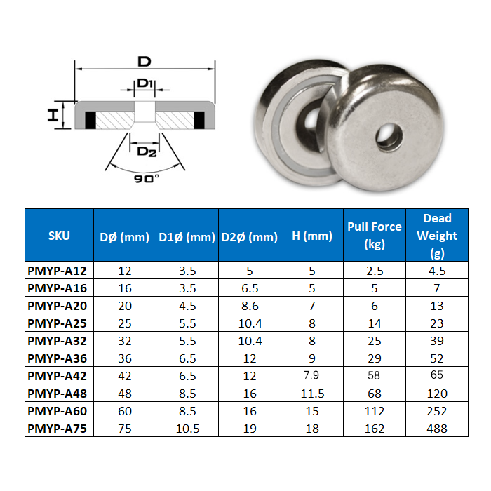 Neodymium Countersunk Pot Magnet - D48mm dia. (68kg)