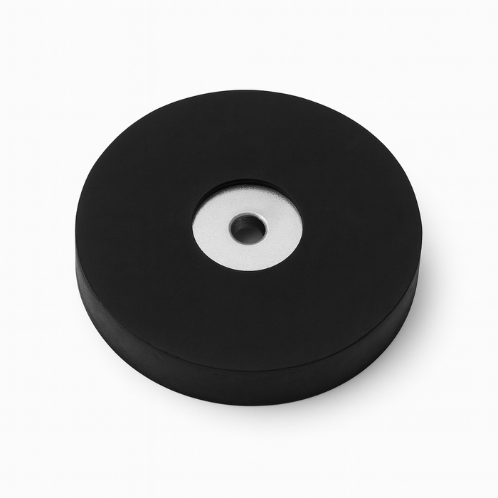 Rubber Coated Neodymium Pot Magnet – (D) 34mm x (H) 8mm | Countersunk 4.5mm Hole