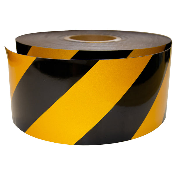 Magnetic Reflective Tape 45M x 100mm x 0.8mm | Hi-Vis Black and Yellow Stripe