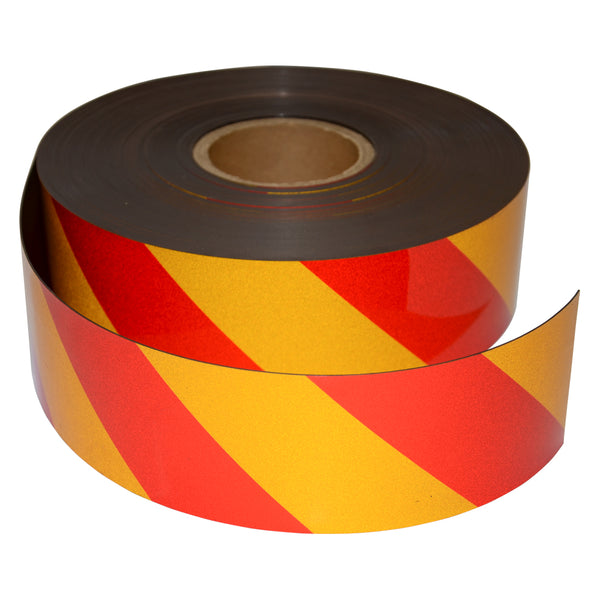 Magnetic Reflective Tape 45M x 50mm x 0.8mm | Hi-Vis Red and Yellow Stripe