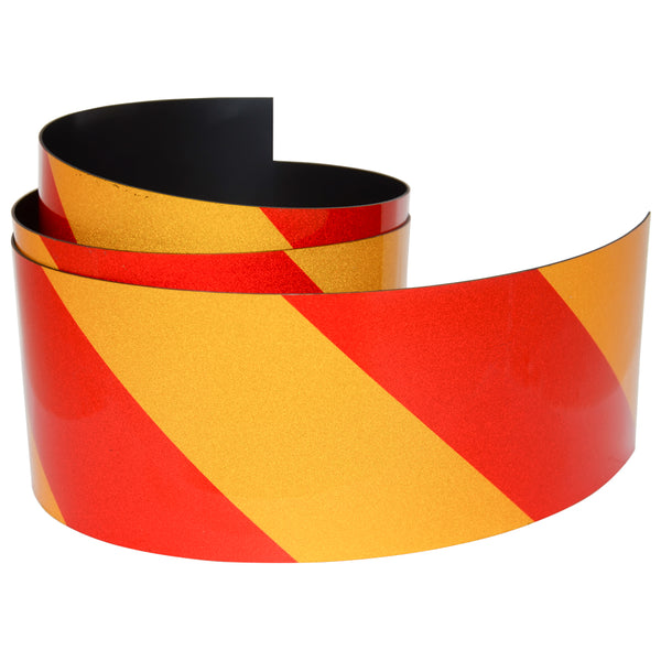 Magnetic Reflective Tape 1M x 75mm x 0.8mm | Hi-Vis Red and Yellow Stripe