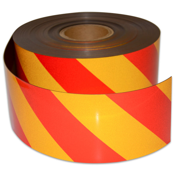Magnetic Reflective Tape 45M x 75mm x 0.8mm | Hi-Vis Red and Yellow Stripe