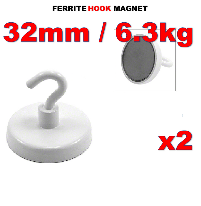 White Ferrite Magnetic Hook 32mm 14lbs (6kg) | Pack of 2