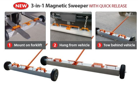 3-in-1 Magnetic Sweeper 48" with Release | Mount, Hang or Tow | Forklift & Vehicle